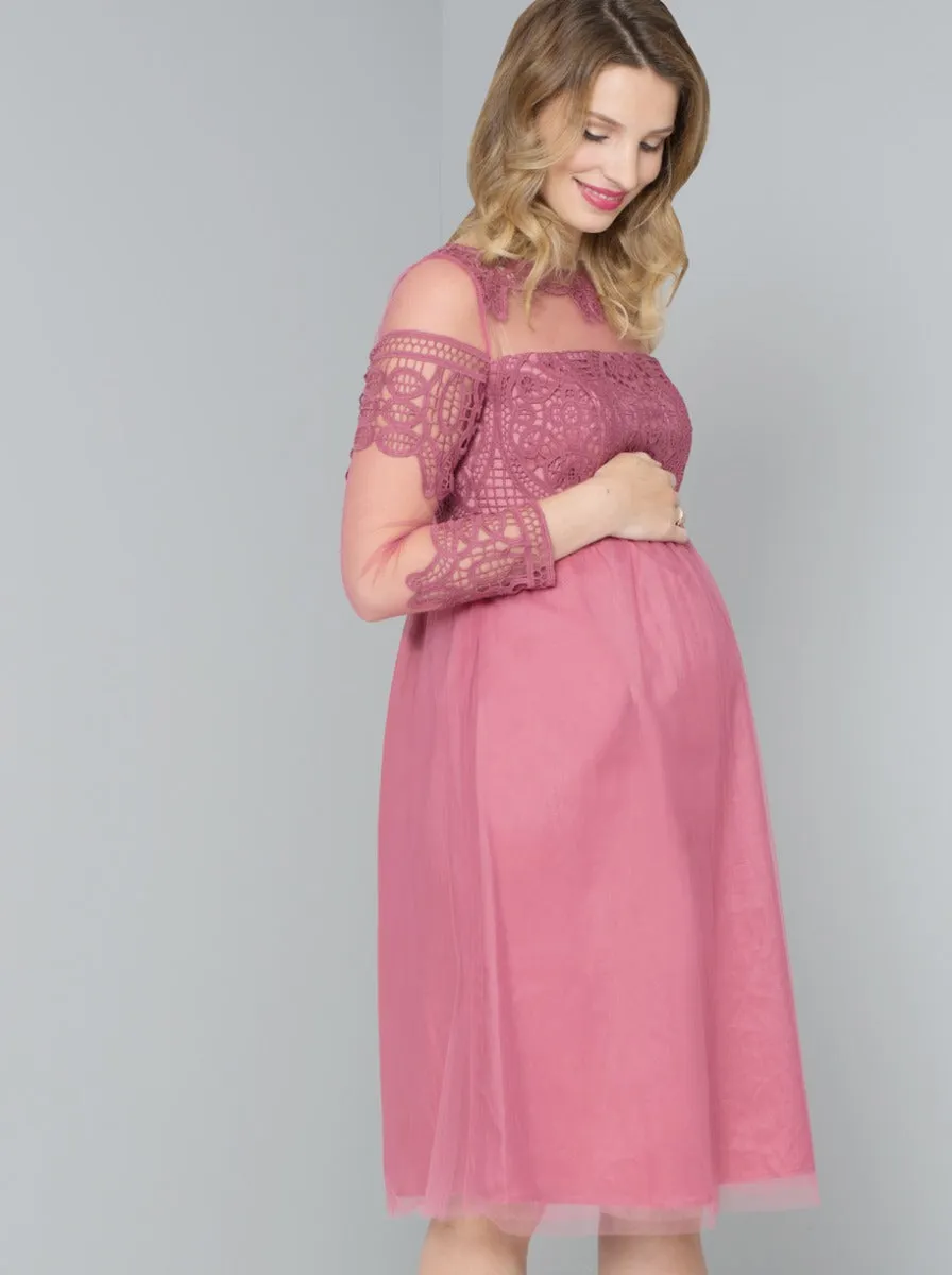 Maternity Sheer Sleeve Lace Tulle Midi Dress in Pink sold by Chi Chi London product image thumbnail 3