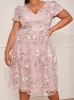 Plus Size Short Sleeve Floral Embroidered Midi Dress in Pink sold by Chi Chi London