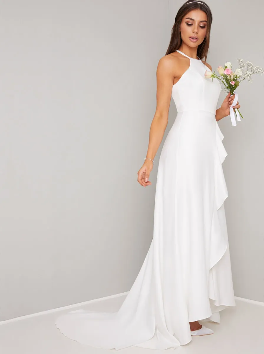 Lace Ruffled Detail Bridal Wedding Dress in White sold by Chi Chi London