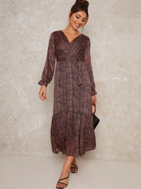 Long Sleeve Casual Midi Print Tiered Dress in Black sold by Chi Chi London