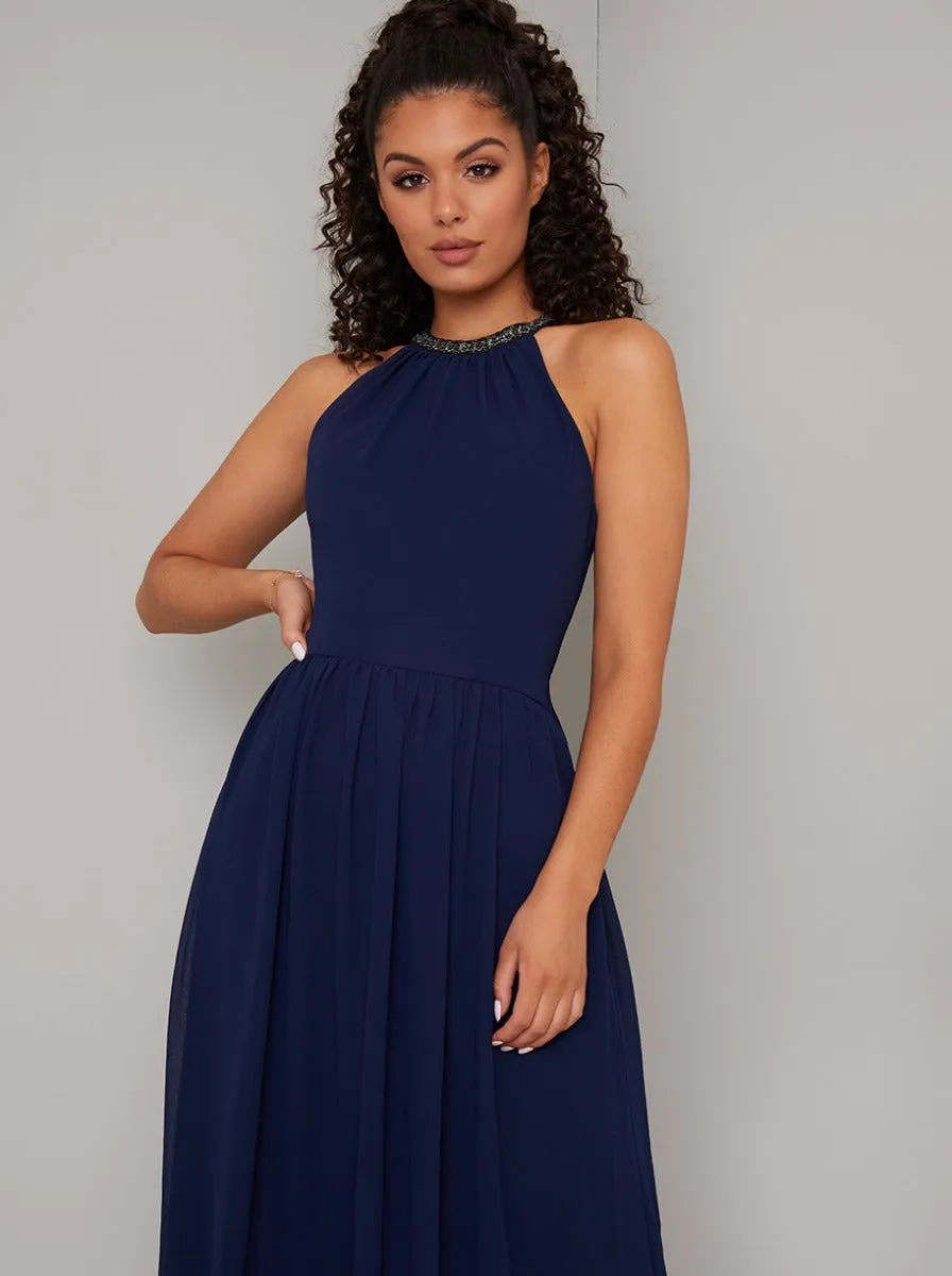 Halterneck Pleated Maxi Dress in Navy Blue sold by Chi Chi London product image thumbnail 3