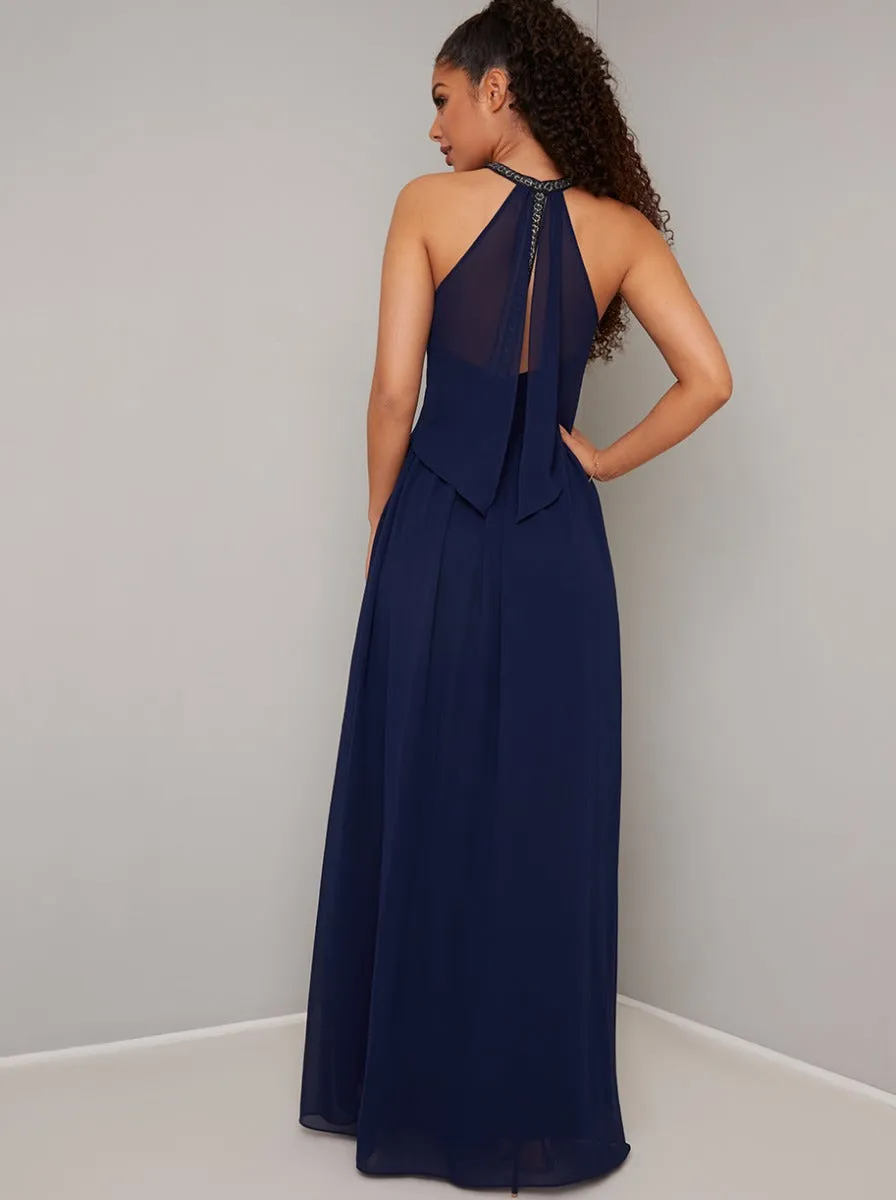 Halterneck Pleated Maxi Dress in Navy Blue sold by Chi Chi London product image thumbnail 4