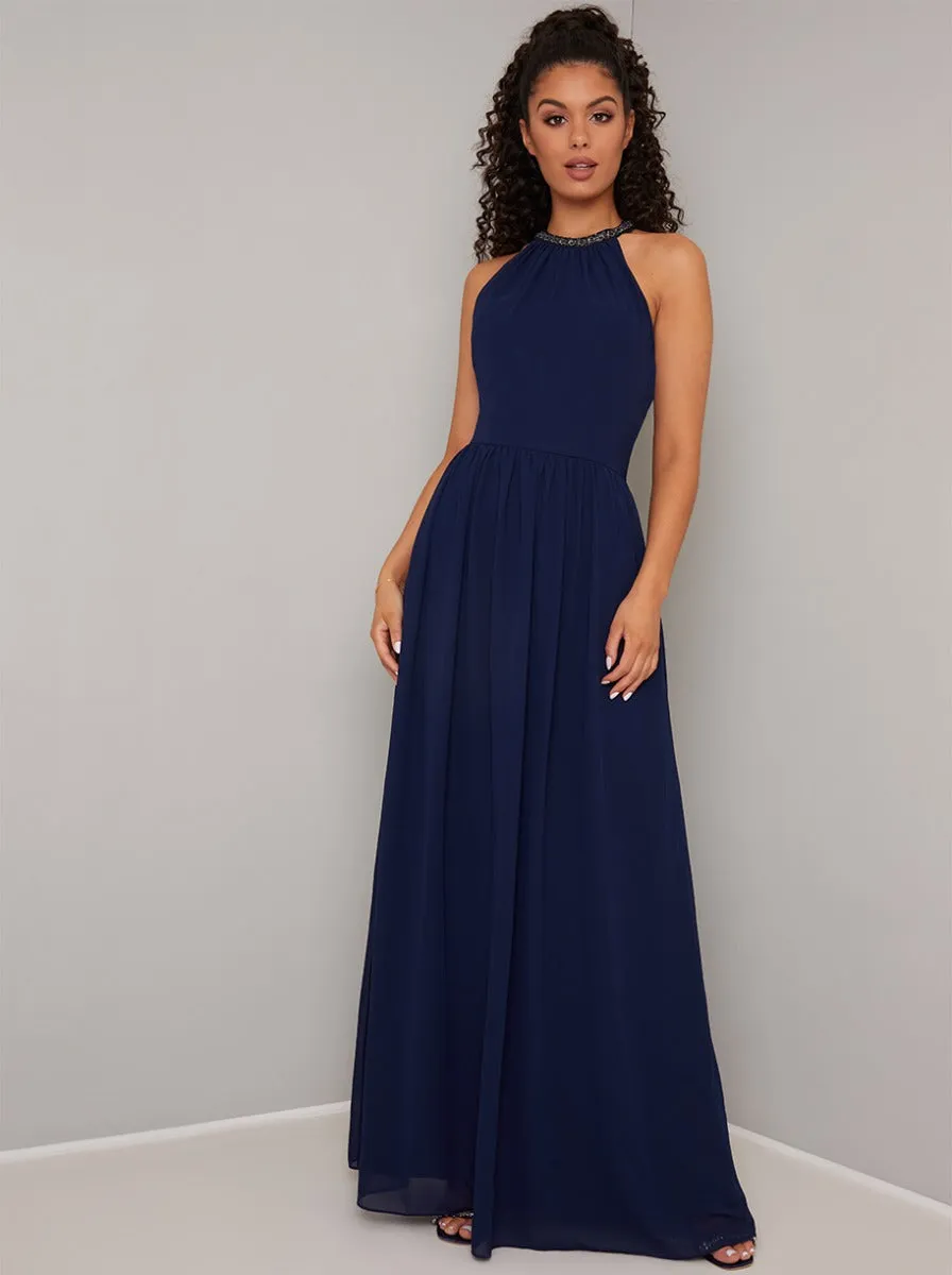 Halterneck Pleated Maxi Dress in Navy Blue sold by Chi Chi London