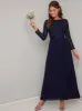 Long Sleeved Lace Bodice Pleat Maxi Dress in Blue sold by Chi Chi London