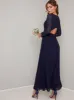 Long Sleeved Lace Bodice Pleat Maxi Dress in Blue sold by Chi Chi London