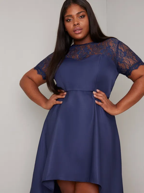 Plus Size Lace Bodice Detail Dip Hem Dress in Blue sold by Chi Chi London