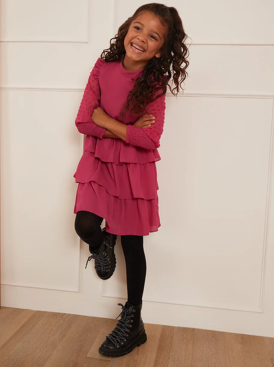 Younger Girls Long Sleeve Tiered Midi Dress in Pink sold by Chi Chi London product image thumbnail 4