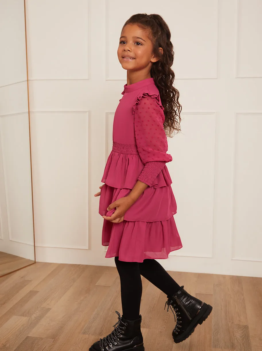 Younger Girls Long Sleeve Tiered Midi Dress in Pink sold by Chi Chi London