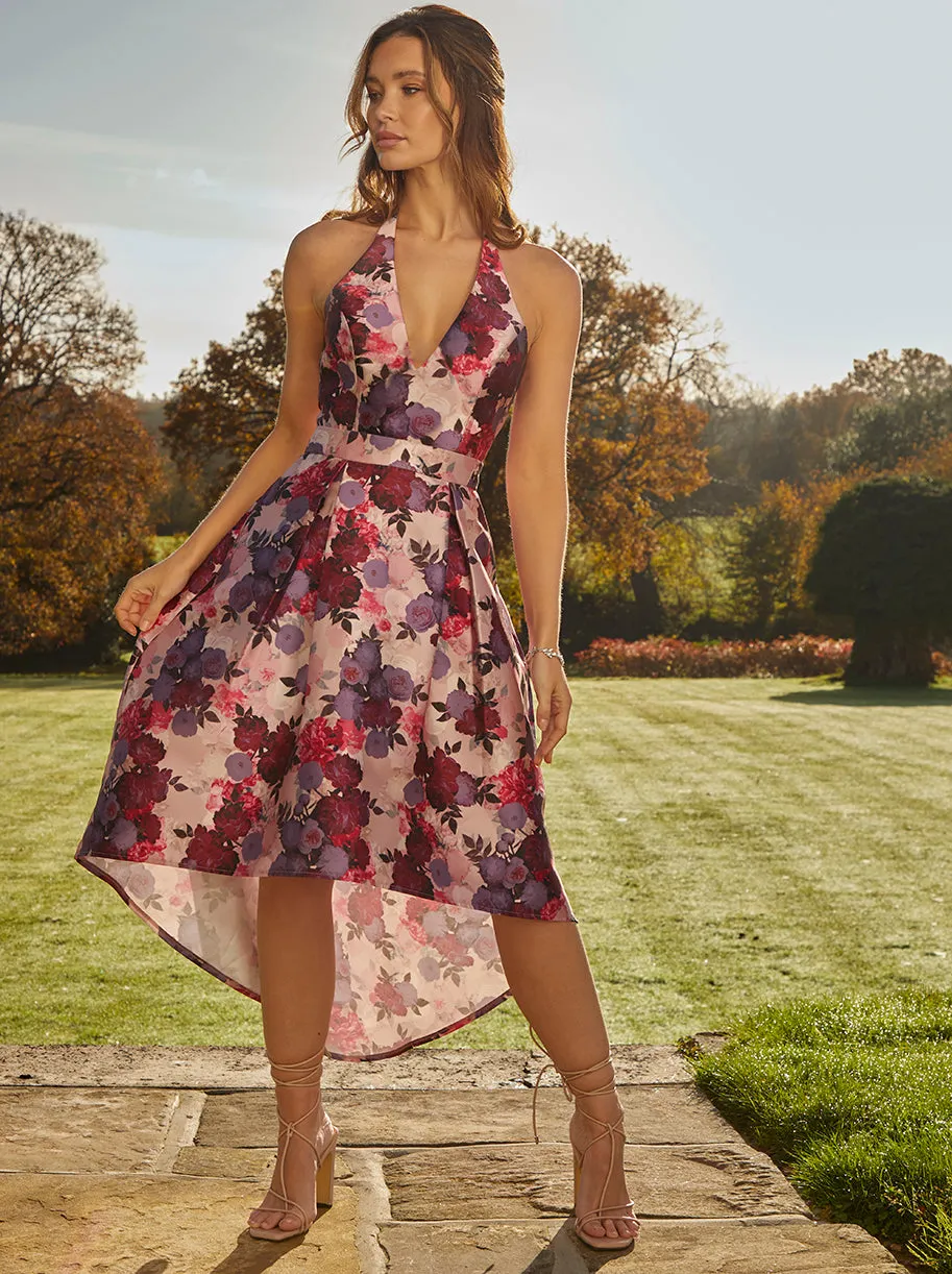 Halter Neck Plunge Floral Midi Dress in Pink sold by Chi Chi London product image thumbnail 3