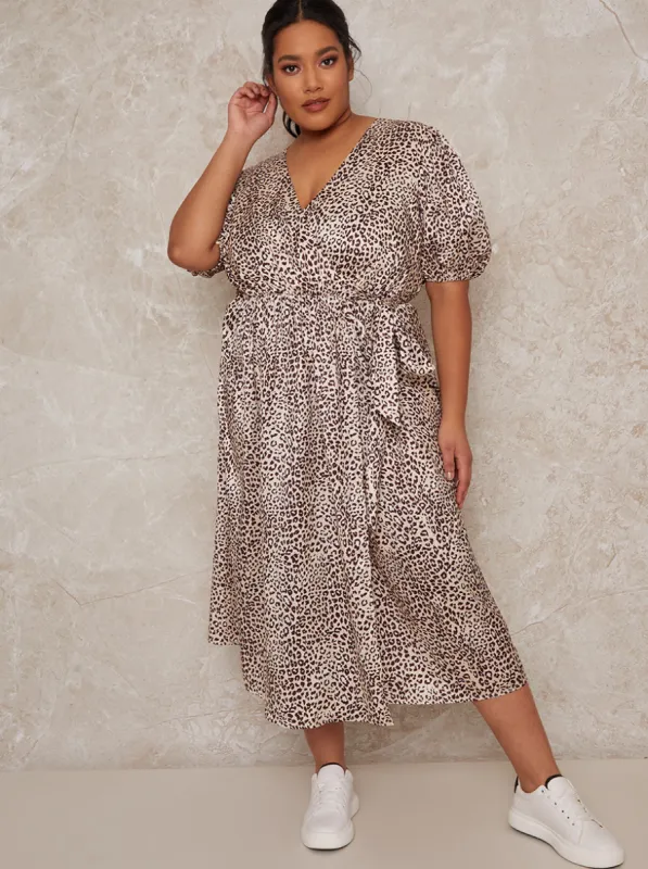 Plus Size Puff Sleeve Animal Print Midi Day Dress in Multi made by Chi Chi London