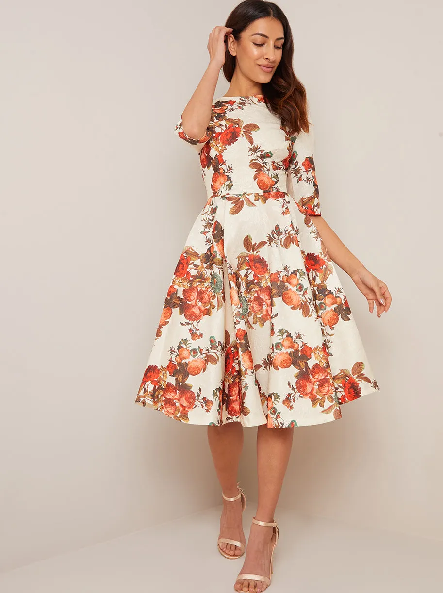 Floral Skater Midi Dress in Cream sold by Chi Chi London