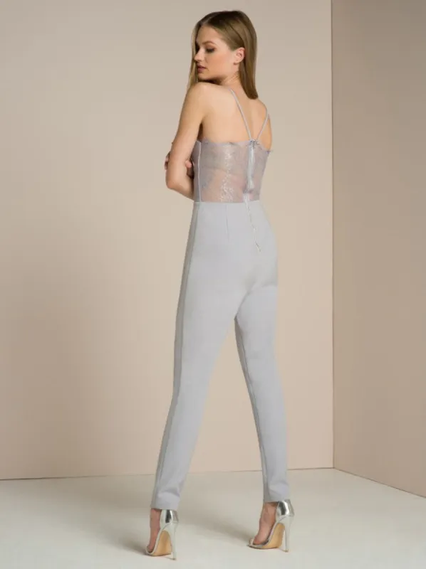 Sheer Lace Back Slim Fit Jumpsuit in Grey sold by Chi Chi London
