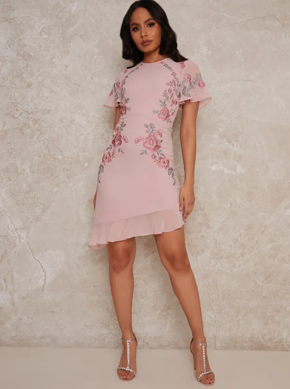 Embroidered Angel Sleeve Mini Dress in Pink sold by Chi Chi London