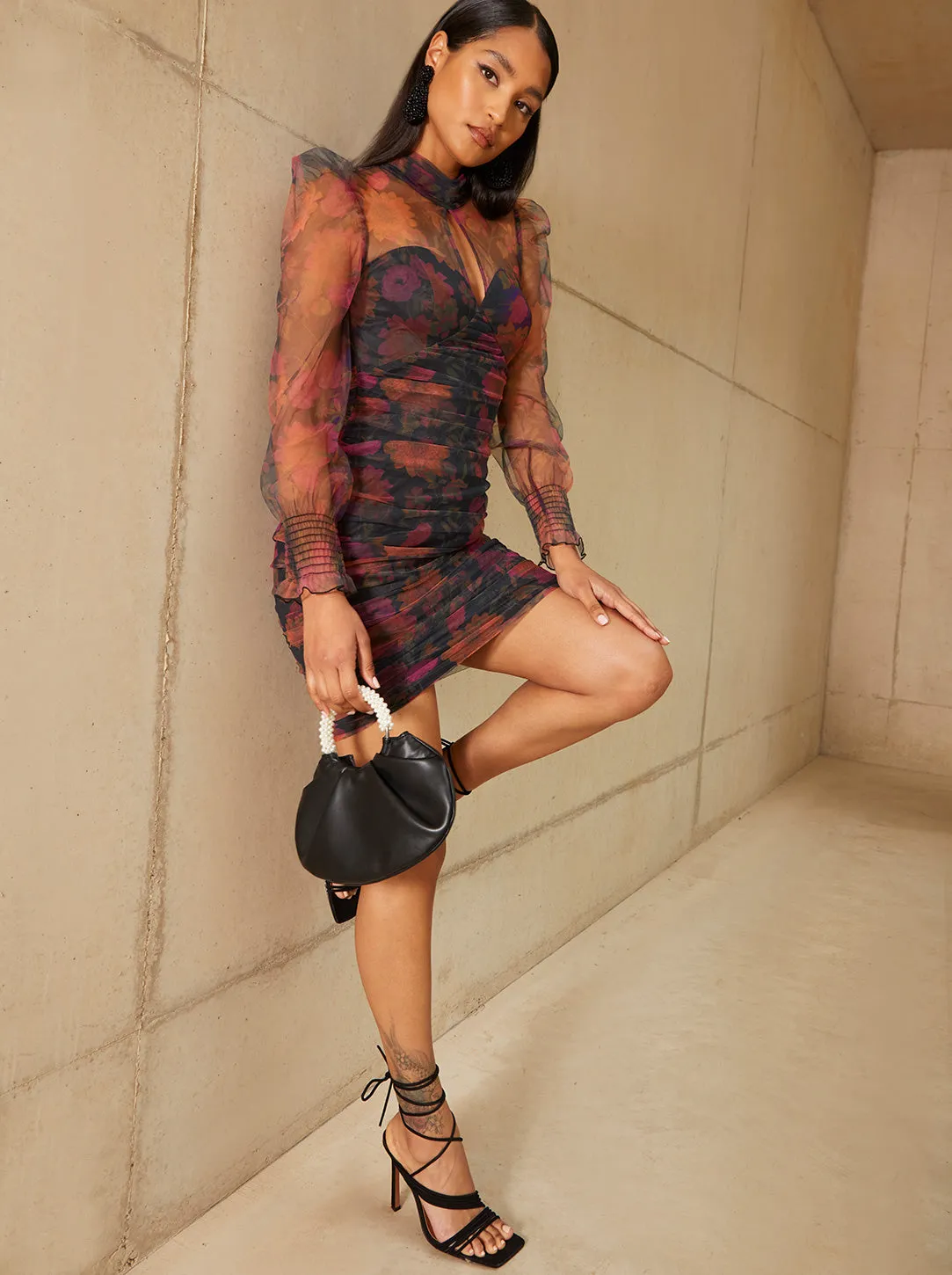 High Neck Sheer Sleeve Floral Print Mini Dress in Black sold by Chi Chi London product image thumbnail 4