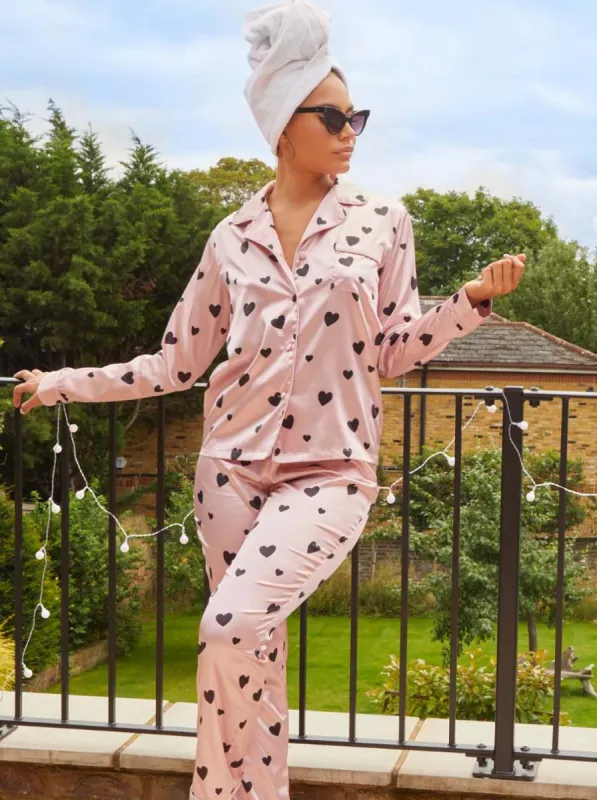 Heart Print Pyjama Set in Pink sold by Chi Chi London