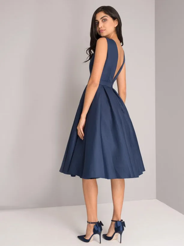 V Back Box Pleat Midi Dress in Blue sold by Chi Chi London