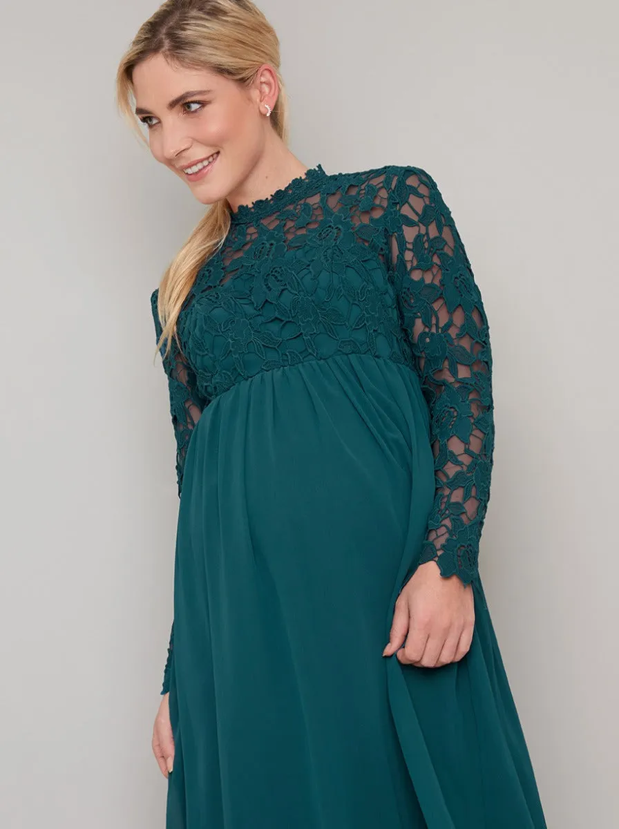 Maternity Crochet Long Sleeved Midi Dress in Green sold by Chi Chi London