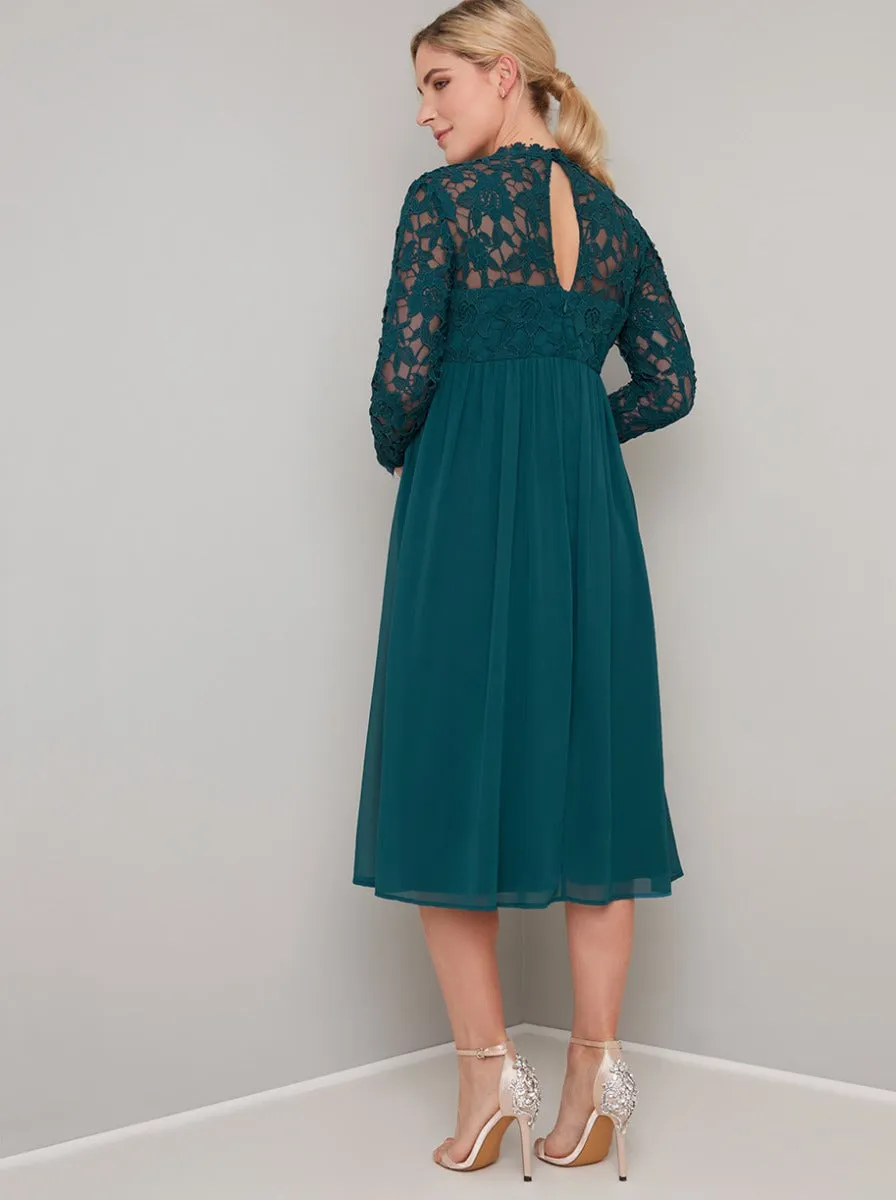 Maternity Crochet Long Sleeved Midi Dress in Green sold by Chi Chi London product image thumbnail 3