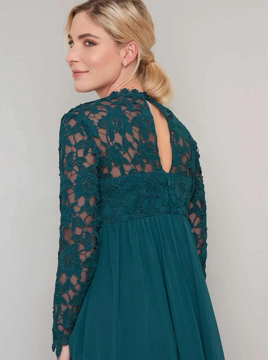Maternity Crochet Long Sleeved Midi Dress in Green sold by Chi Chi London product image thumbnail 4