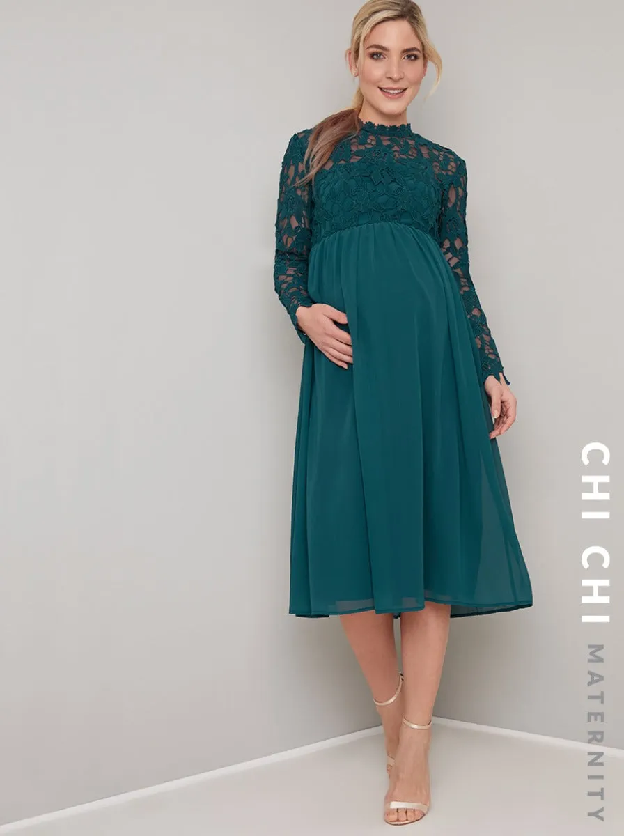 Maternity Crochet Long Sleeved Midi Dress in Green sold by Chi Chi London product image thumbnail 2