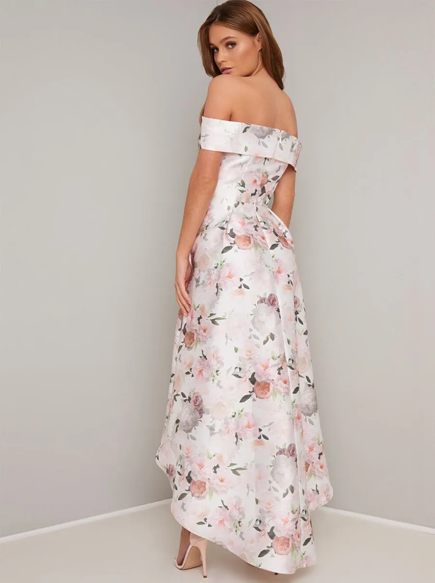 Printed Bardot Dip Hem Midi Dress in White sold by Chi Chi London product image thumbnail 4