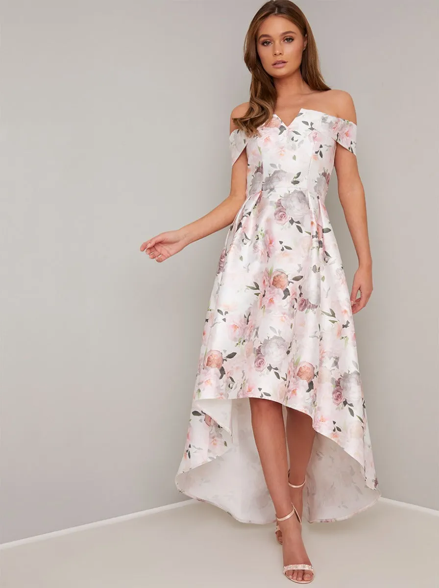 Printed Bardot Dip Hem Midi Dress in White sold by Chi Chi London