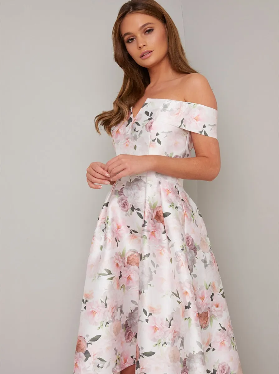 Printed Bardot Dip Hem Midi Dress in White sold by Chi Chi London product image thumbnail 2