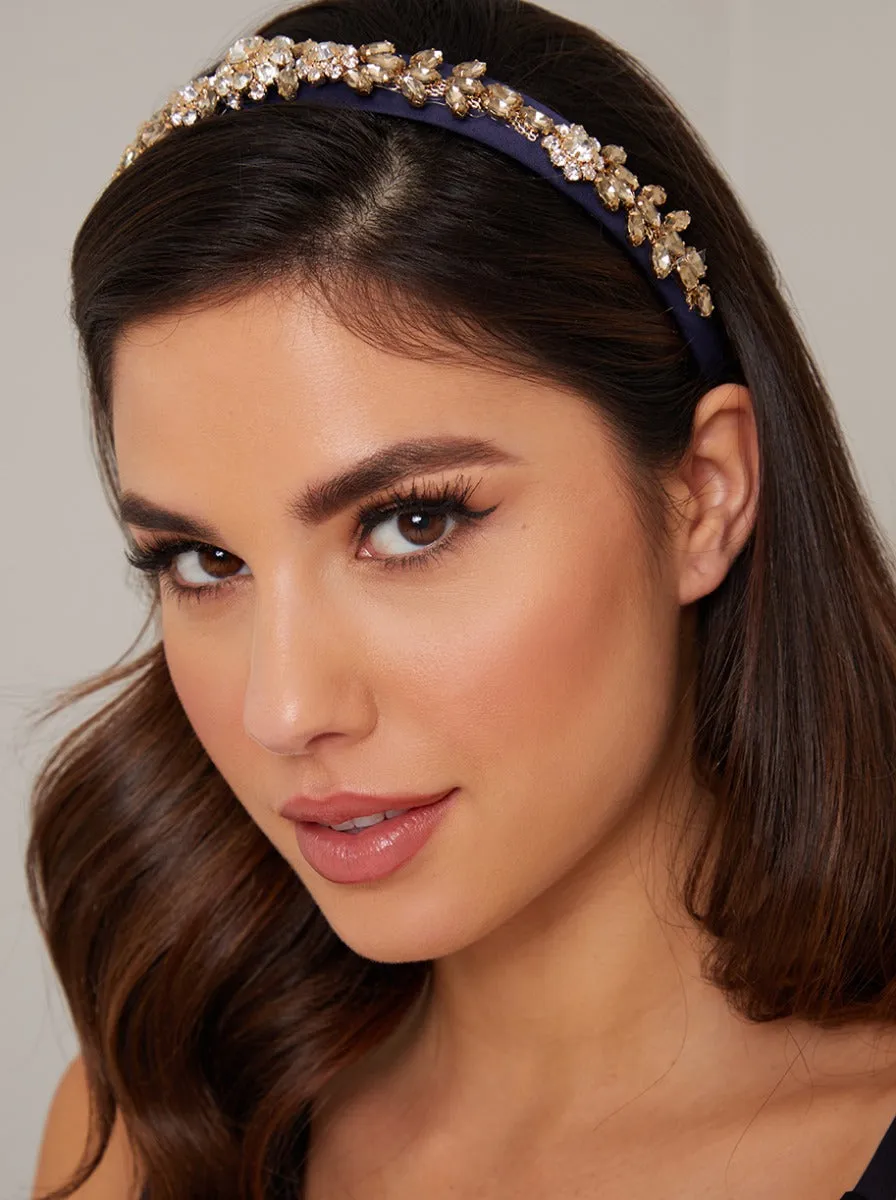 Jewelled Satin Headband in Blue sold by Chi Chi London