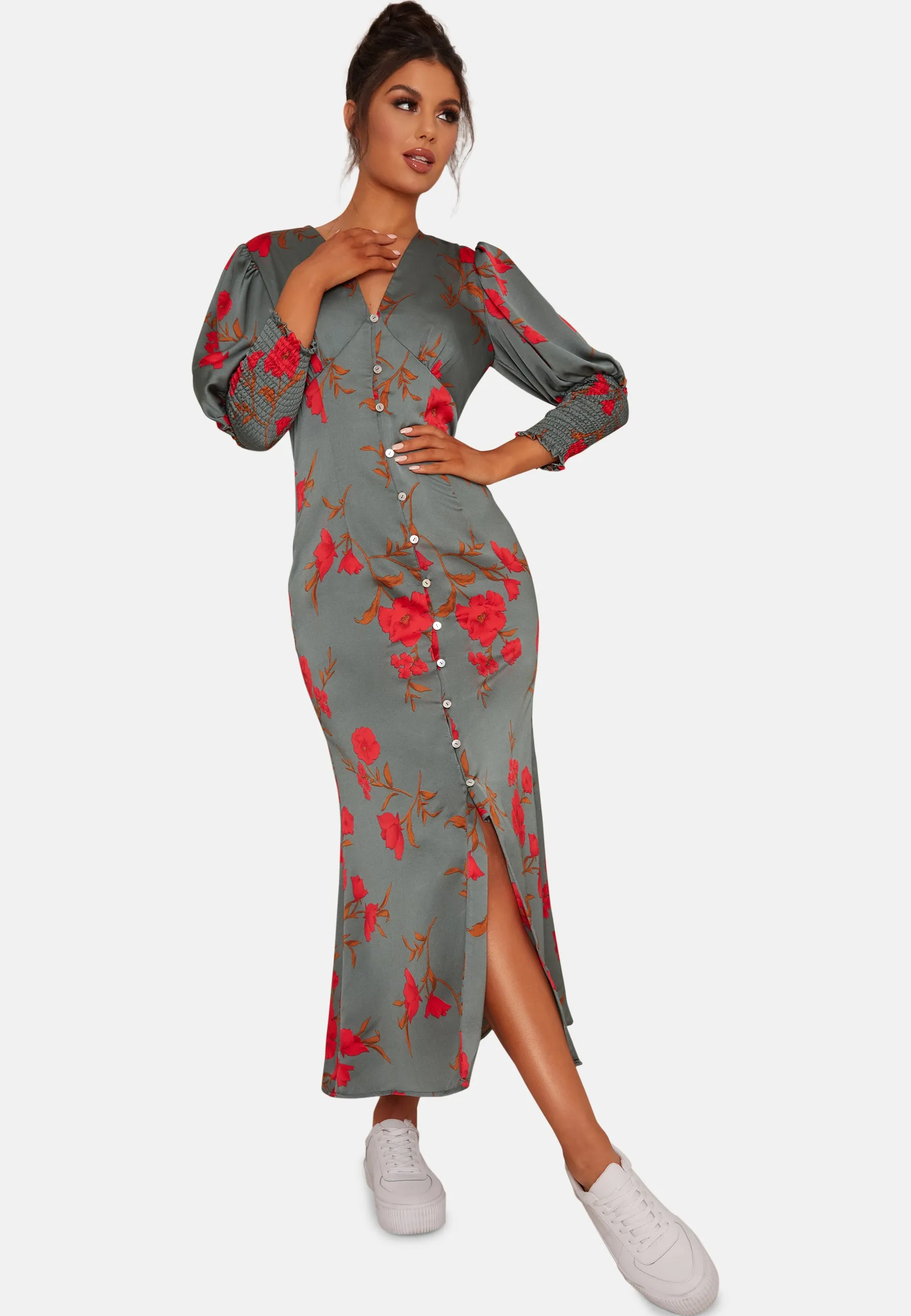 V Neck Smock Sleeve Midi Print Dress in Green sold by Chi Chi London product image thumbnail 5