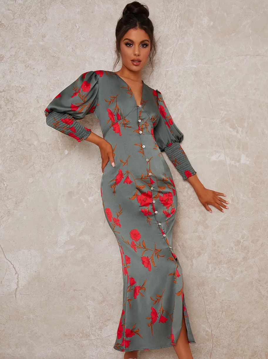 V Neck Smock Sleeve Midi Print Dress in Green sold by Chi Chi London