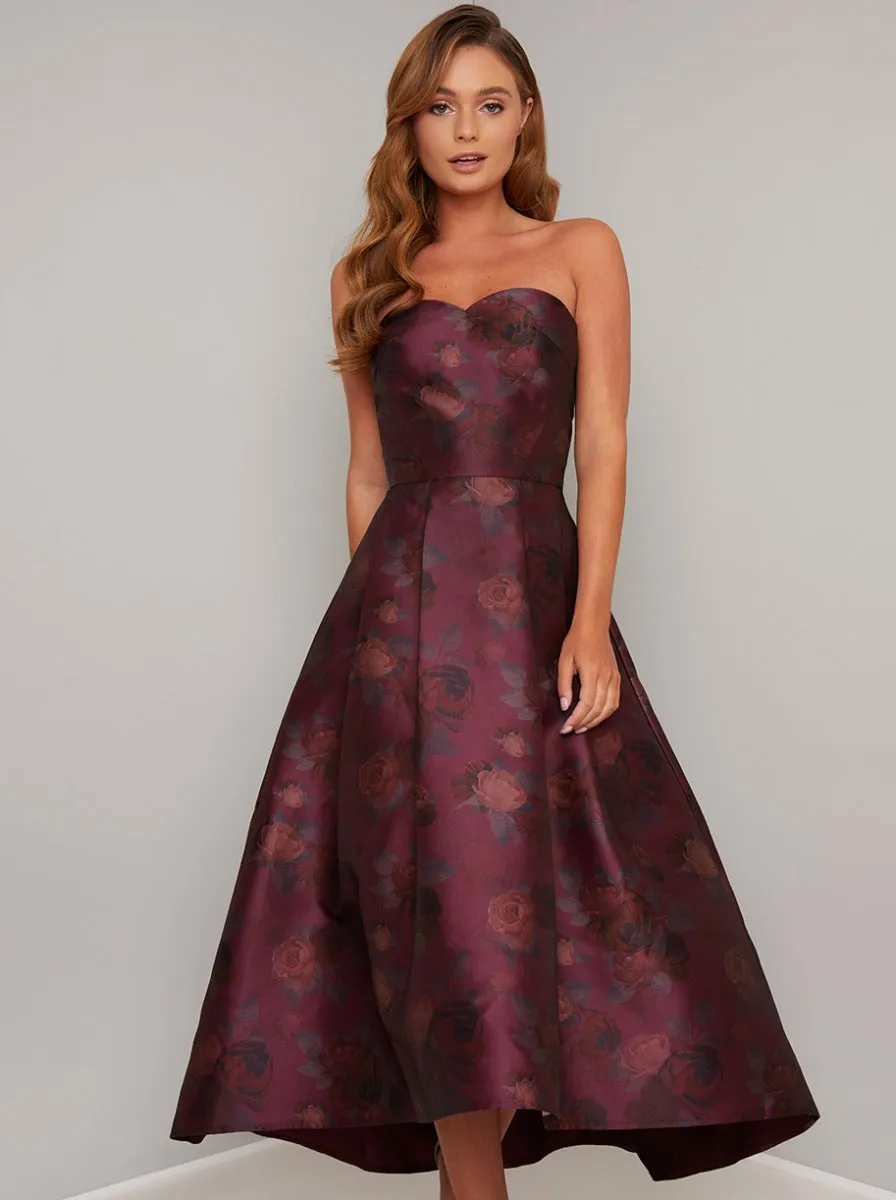 Tall Strapless Dip Hem Floral Print Midi Dress in Red sold by Chi Chi London