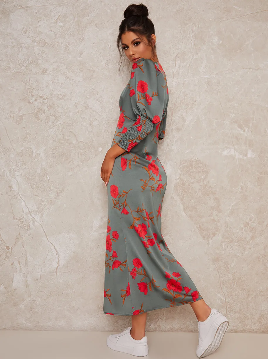 V Neck Smock Sleeve Midi Print Dress in Green sold by Chi Chi London product image thumbnail 4