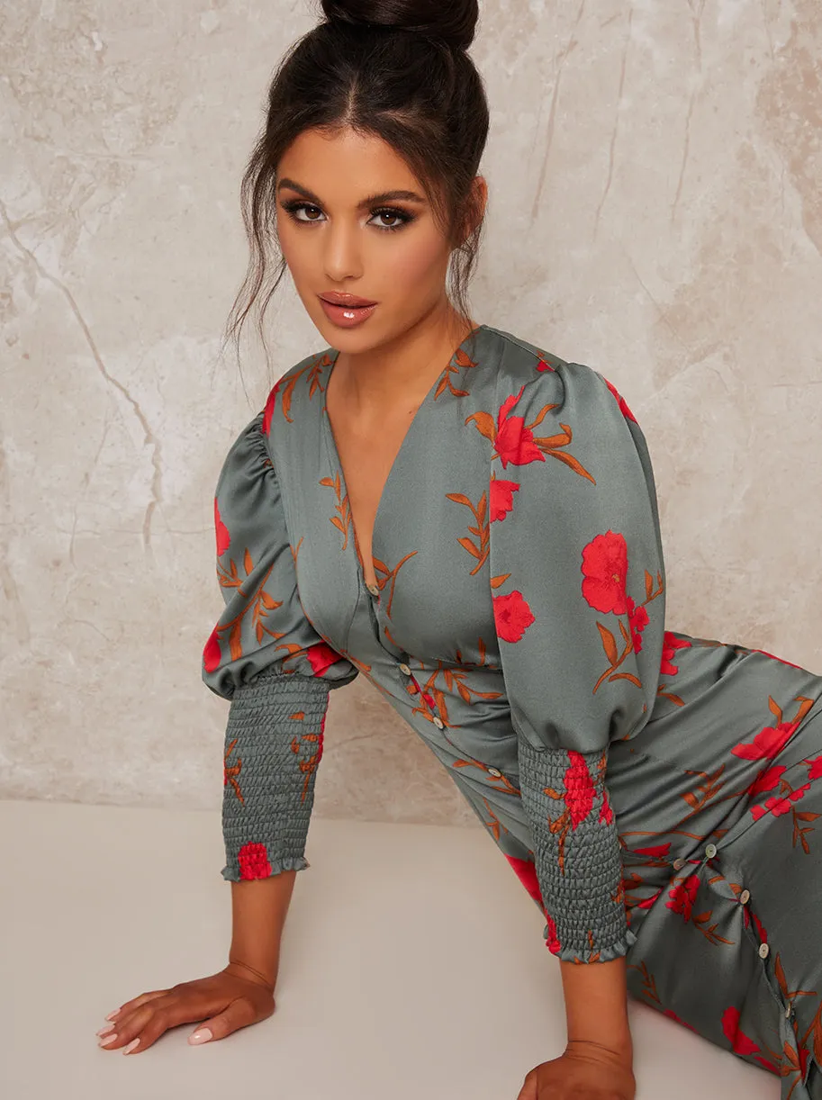 V Neck Smock Sleeve Midi Print Dress in Green sold by Chi Chi London product image thumbnail 3