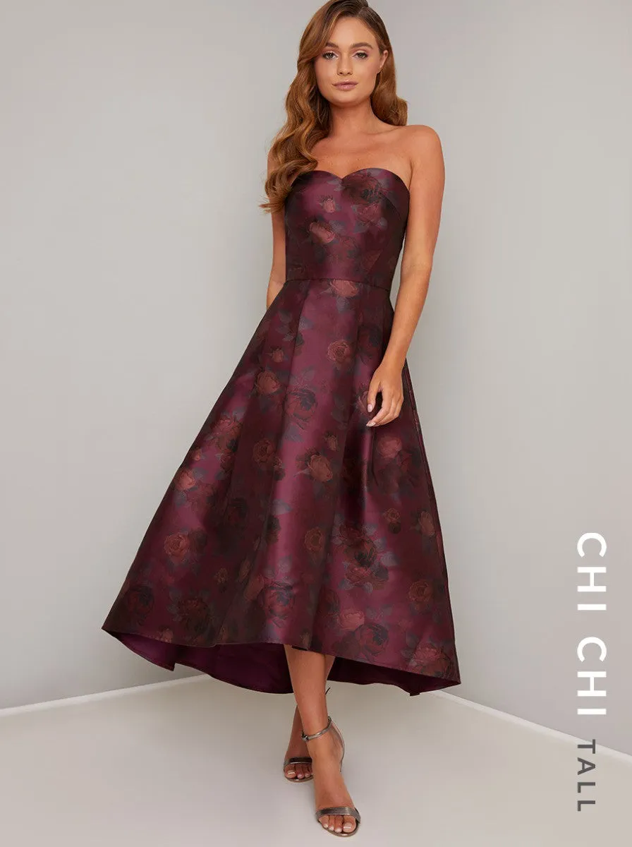 Tall Strapless Dip Hem Floral Print Midi Dress in Red sold by Chi Chi London product image thumbnail 2