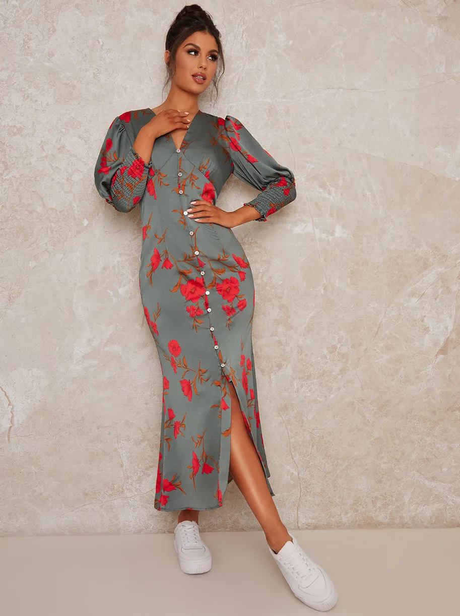 V Neck Smock Sleeve Midi Print Dress in Green sold by Chi Chi London product image thumbnail 2