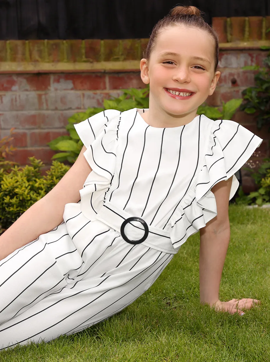 Girls Stripe Belted Ruffle Jumpsuit in White sold by Chi Chi London product image thumbnail 2