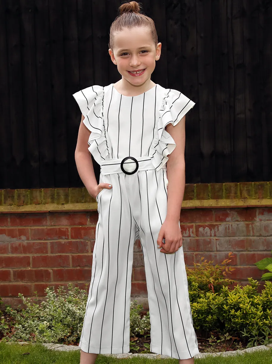 Girls Stripe Belted Ruffle Jumpsuit in White sold by Chi Chi London