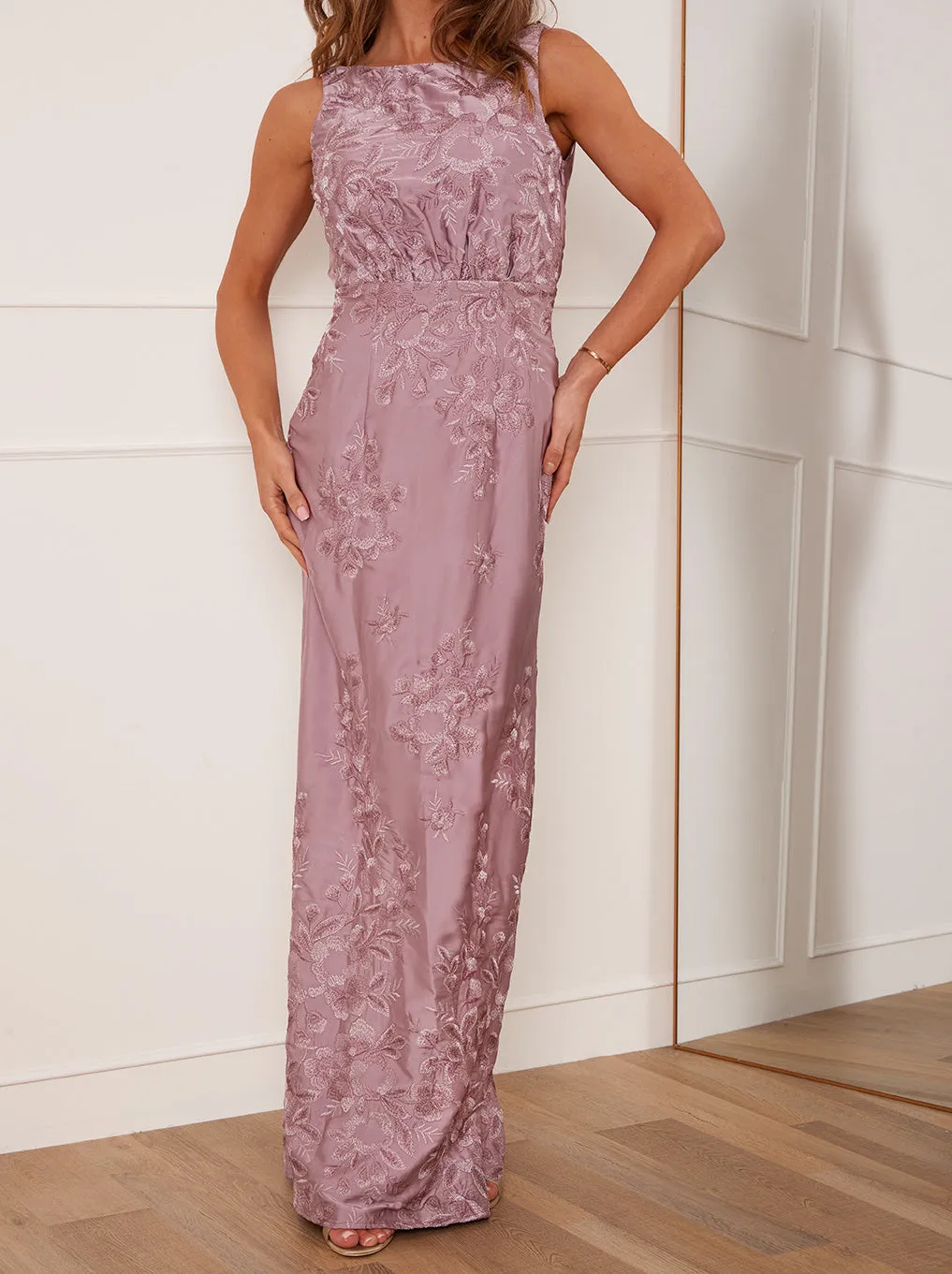 Embroidered Lace Cowl Back Maxi Dress in Lilac sold by Chi Chi London product image thumbnail 3