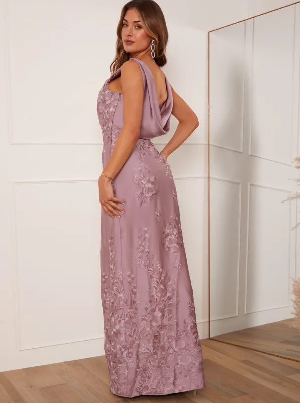Embroidered Lace Cowl Back Maxi Dress in Lilac sold by Chi Chi London