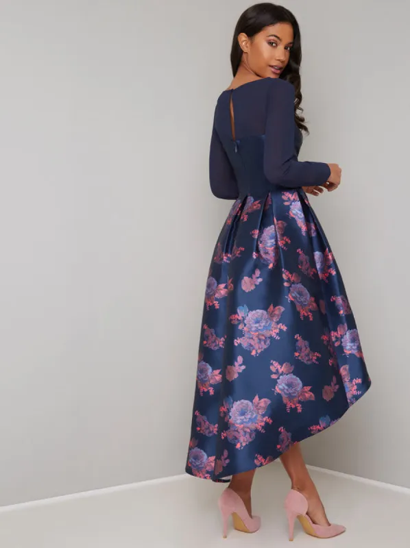 Long Sleeved Floral Dip Hem Midi Dress in Blue sold by Chi Chi London