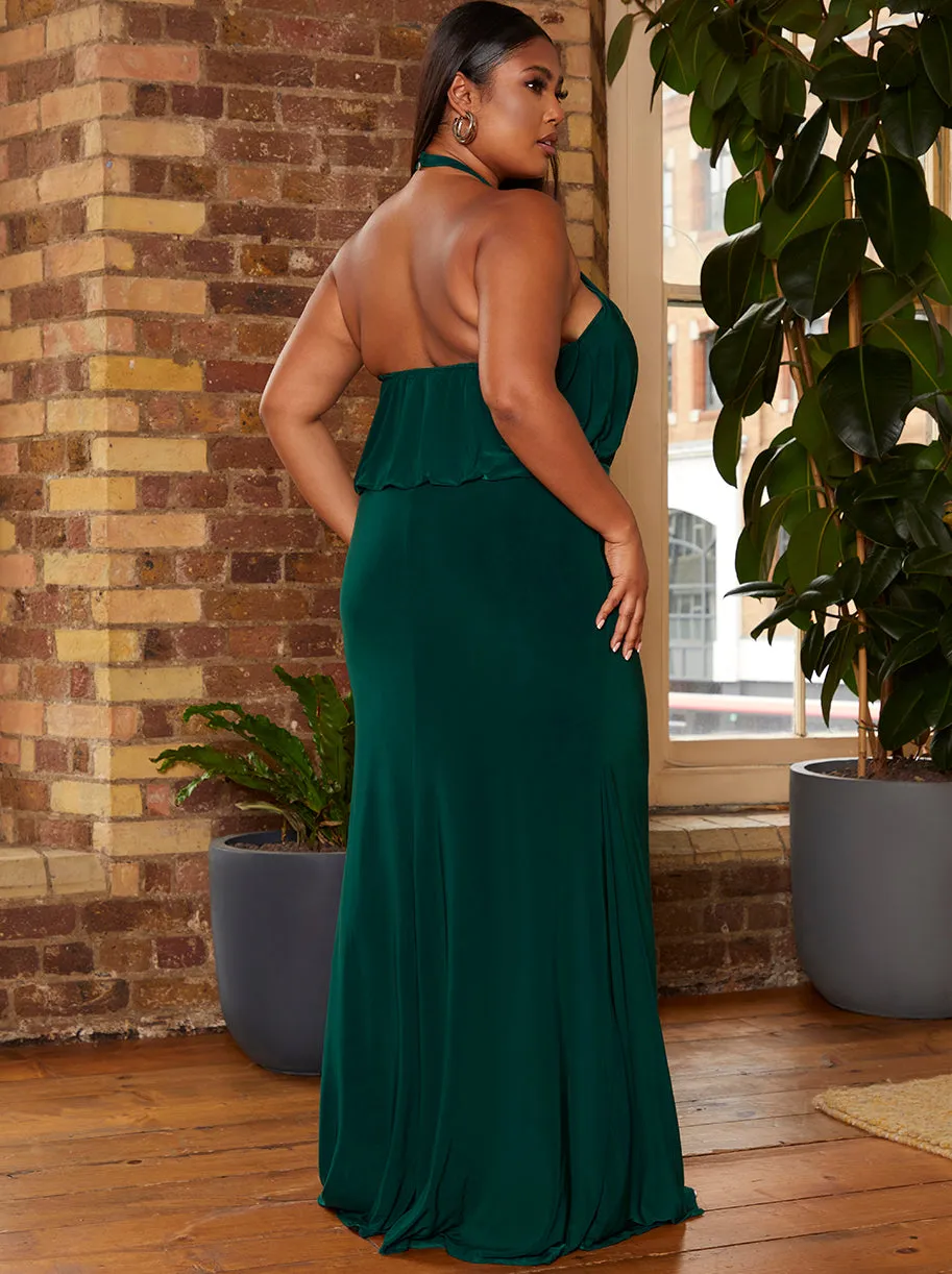 Plus Size Halter Style Ruched Maxi Dress in Green sold by Chi Chi London product image thumbnail 4