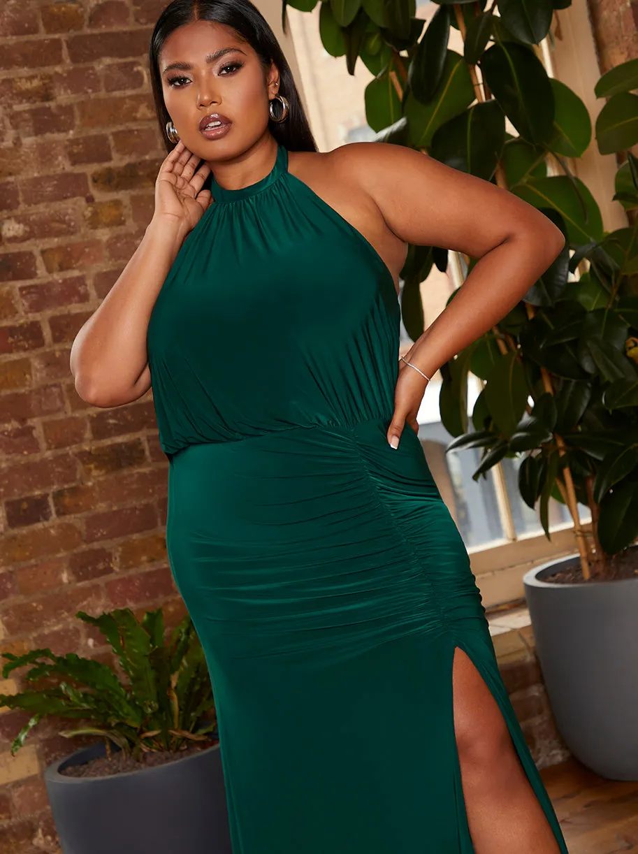 Plus Size Halter Style Ruched Maxi Dress in Green sold by Chi Chi London product image thumbnail 2