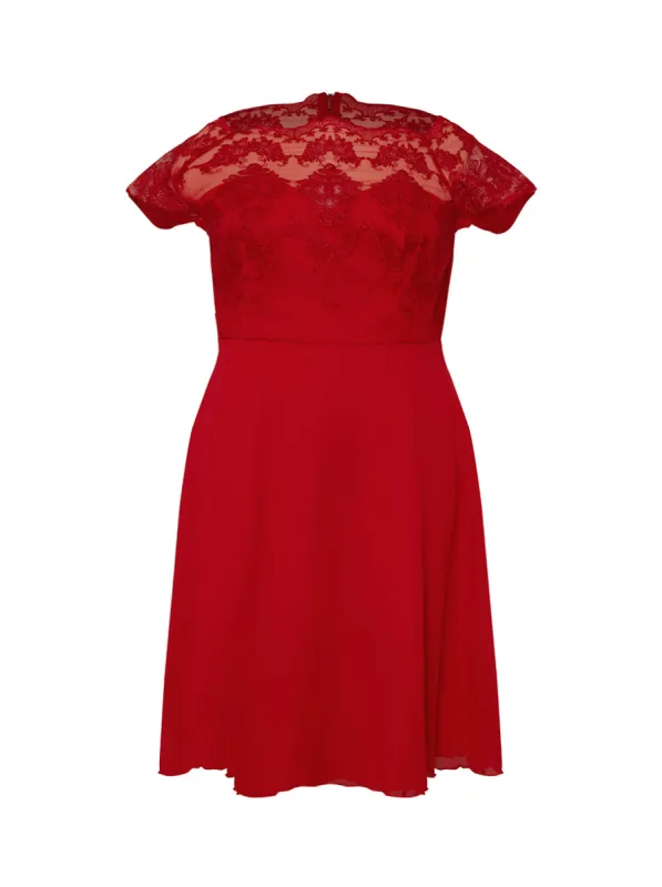 Plus Size Cap Sleeve Lace Bodice Midi Dress in Red sold by Chi Chi London