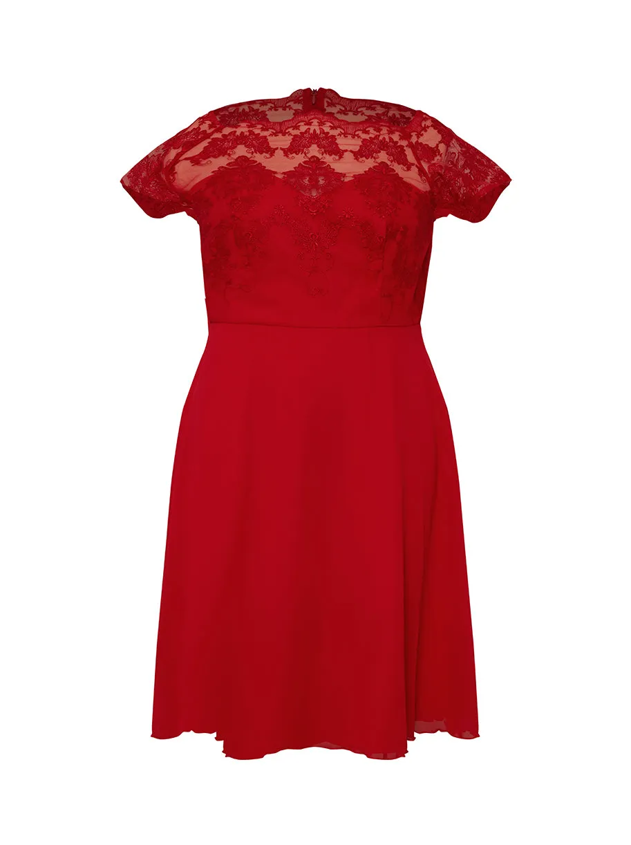 Plus Size Cap Sleeve Lace Bodice Midi Dress in Red sold by Chi Chi London