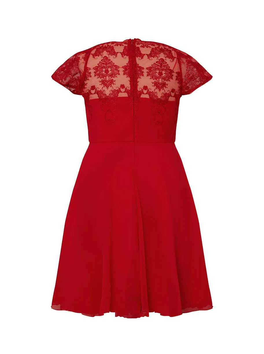 Plus Size Cap Sleeve Lace Bodice Midi Dress in Red sold by Chi Chi London product image thumbnail 2