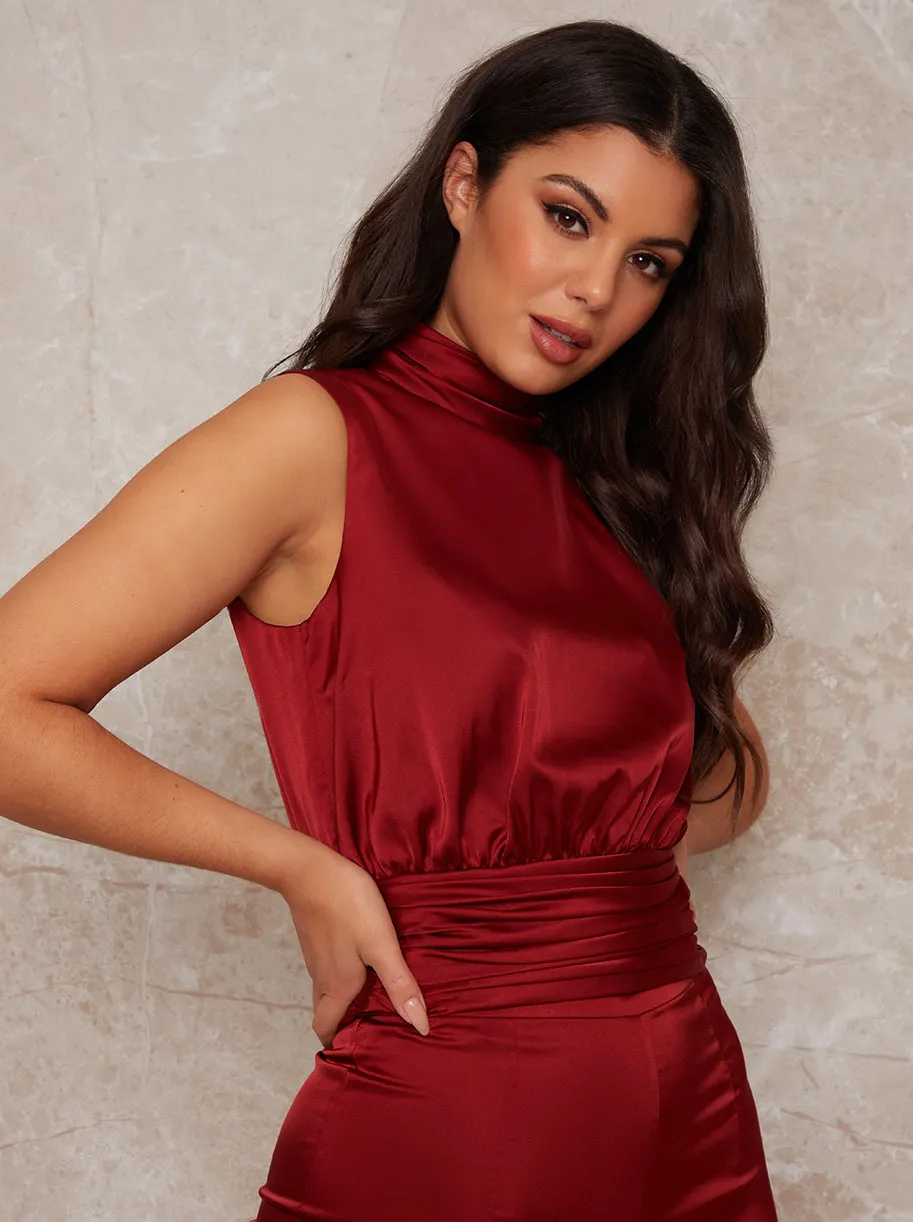 Sleeveless Ruched Satin Hi-Neck Top in Rust sold by Chi Chi London