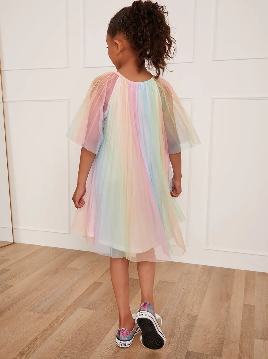 Younger Girls Pleated Bell Sleeve Rainbow Midi Dress in Pink sold by Chi Chi London product image thumbnail 5