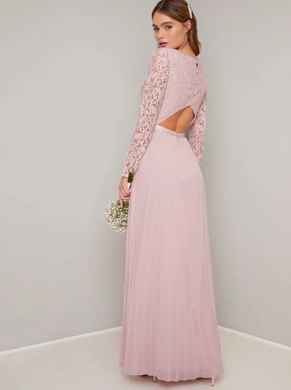 Lace Bodice Pleated Maxi Bridesmaids Dress in Pink sold by Chi Chi London
