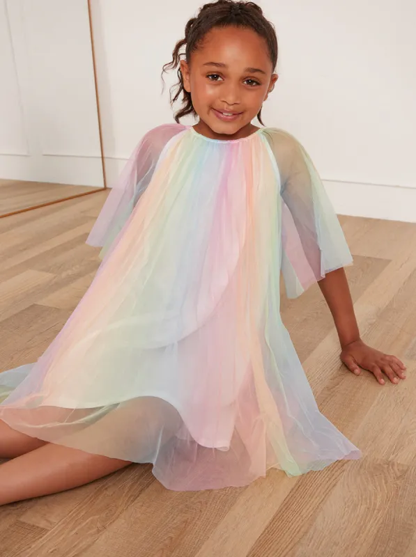 Younger Girls Pleated Bell Sleeve Rainbow Midi Dress in Pink sold by Chi Chi London