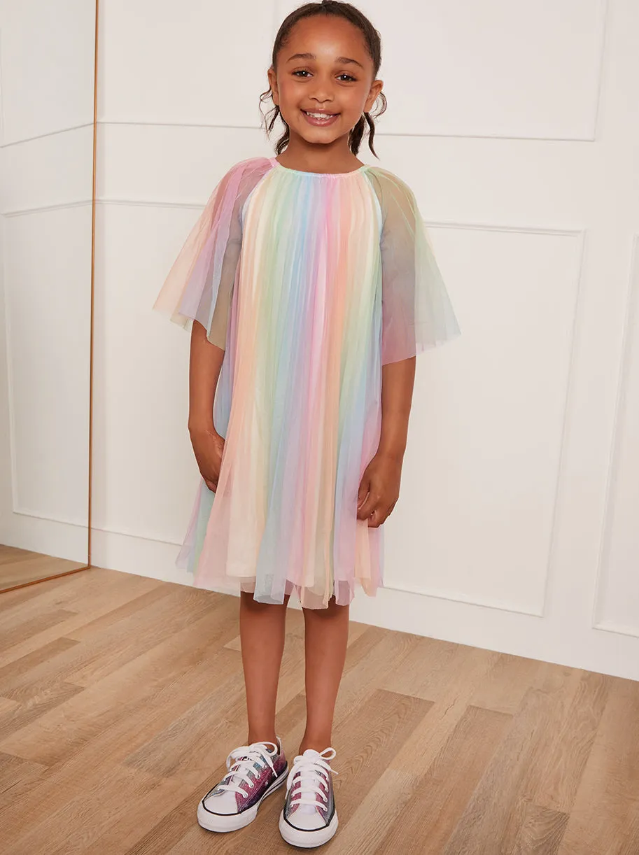Younger Girls Pleated Bell Sleeve Rainbow Midi Dress in Pink sold by Chi Chi London product image thumbnail 2
